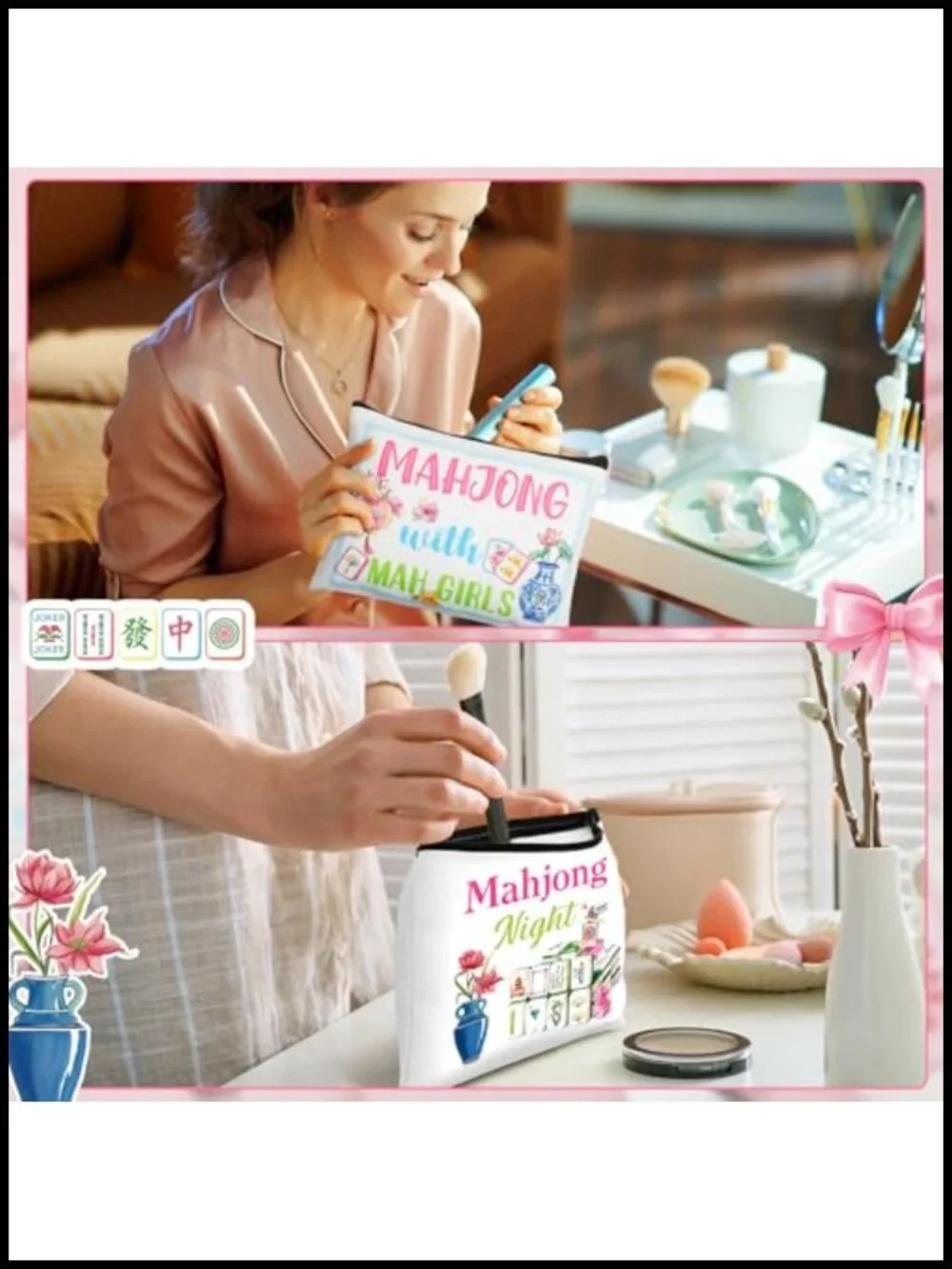 9 Canvas Mahjong Cosmetic Bags for Women Makeup Pouch Zipper Storage Gift Set